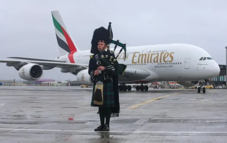 Kyle playing for the arrival of an Airbus A380 to mark 20 years of Emirates services at Glasgow Airport, 2024.